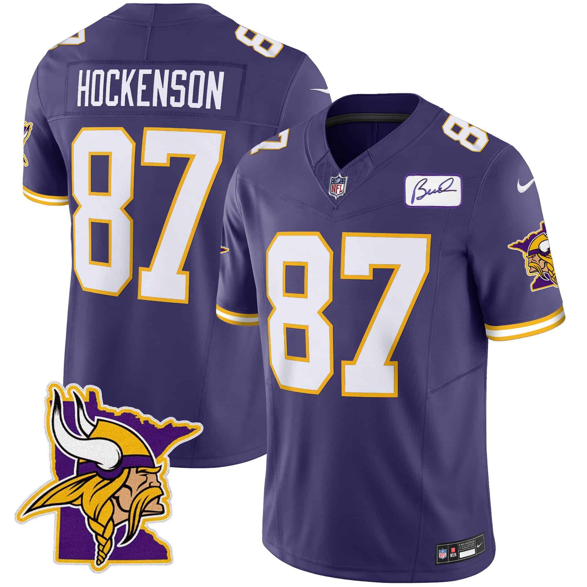 Men Minnesota Vikings 87 Hockenson Purple 2024 Nike Patch Classic Limited NFL Jersey style 1